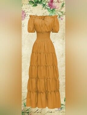 Sexy Gold Renaissance Off-Shoulder Smocked Tiered Flowy Maxi Dress